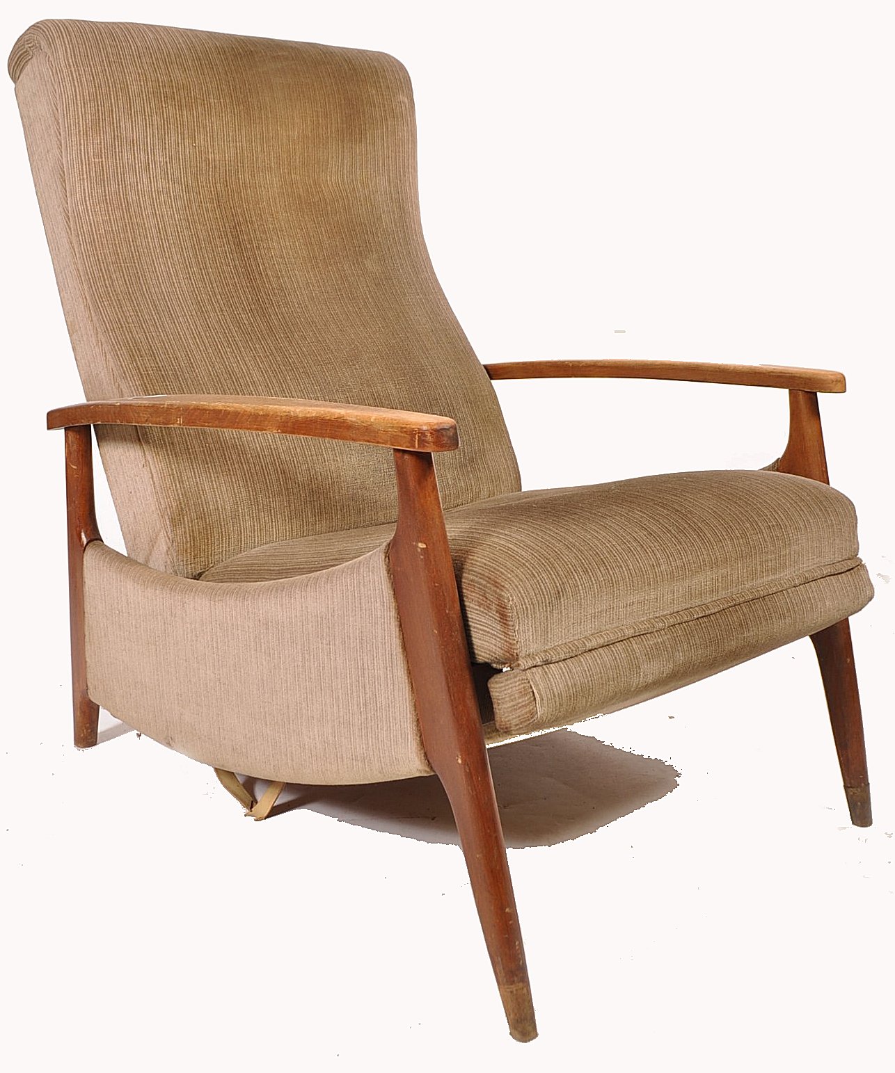 A mid century retro armchair having show wood frame with reclining action and upholstered in a beige