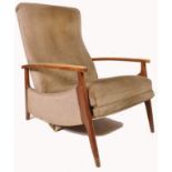 A mid century retro armchair having show wood frame with reclining action and upholstered in a beige