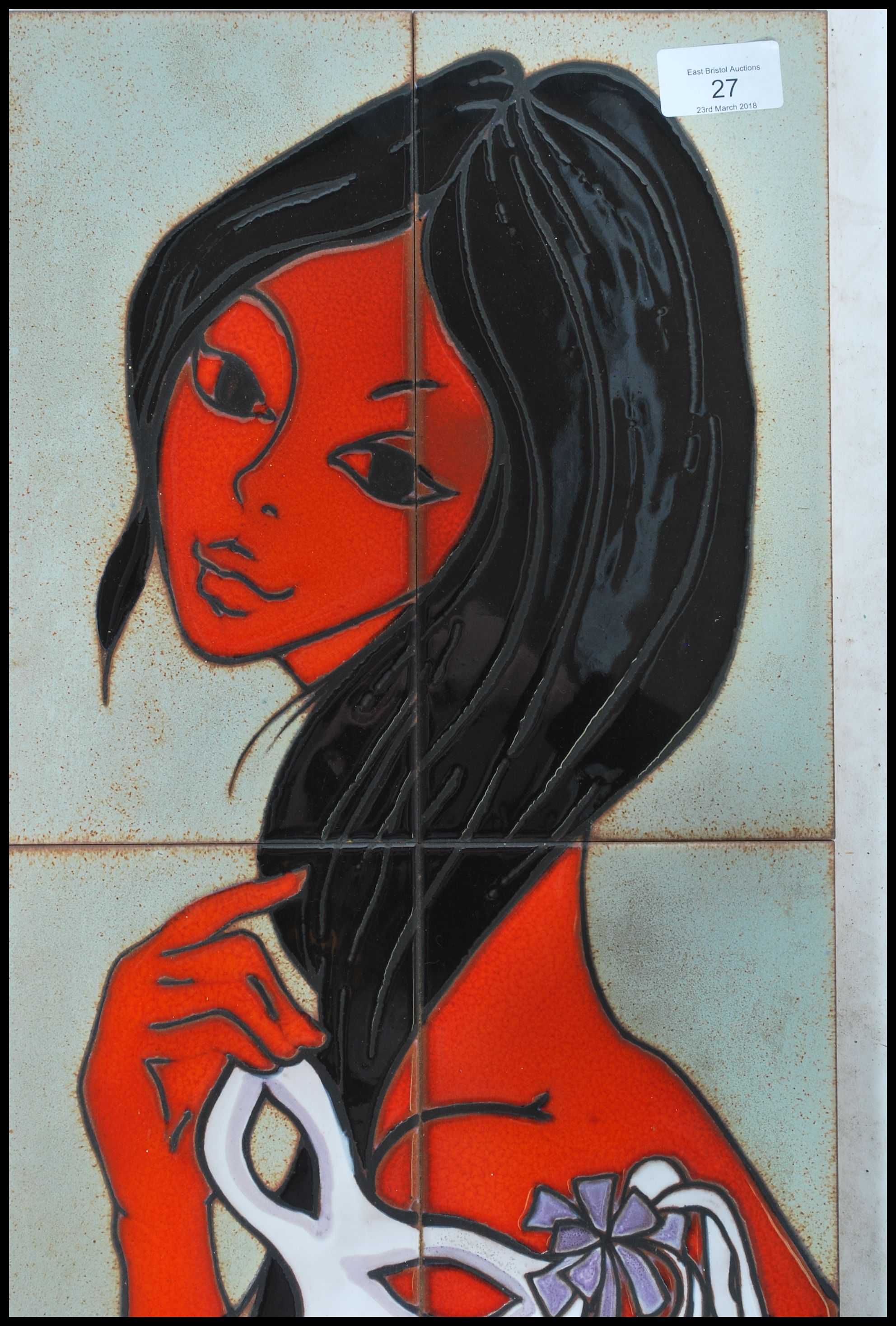 A retro 1960s tile work wall picture of a young lady with a masquerade mask in her hand, signed to - Image 2 of 7