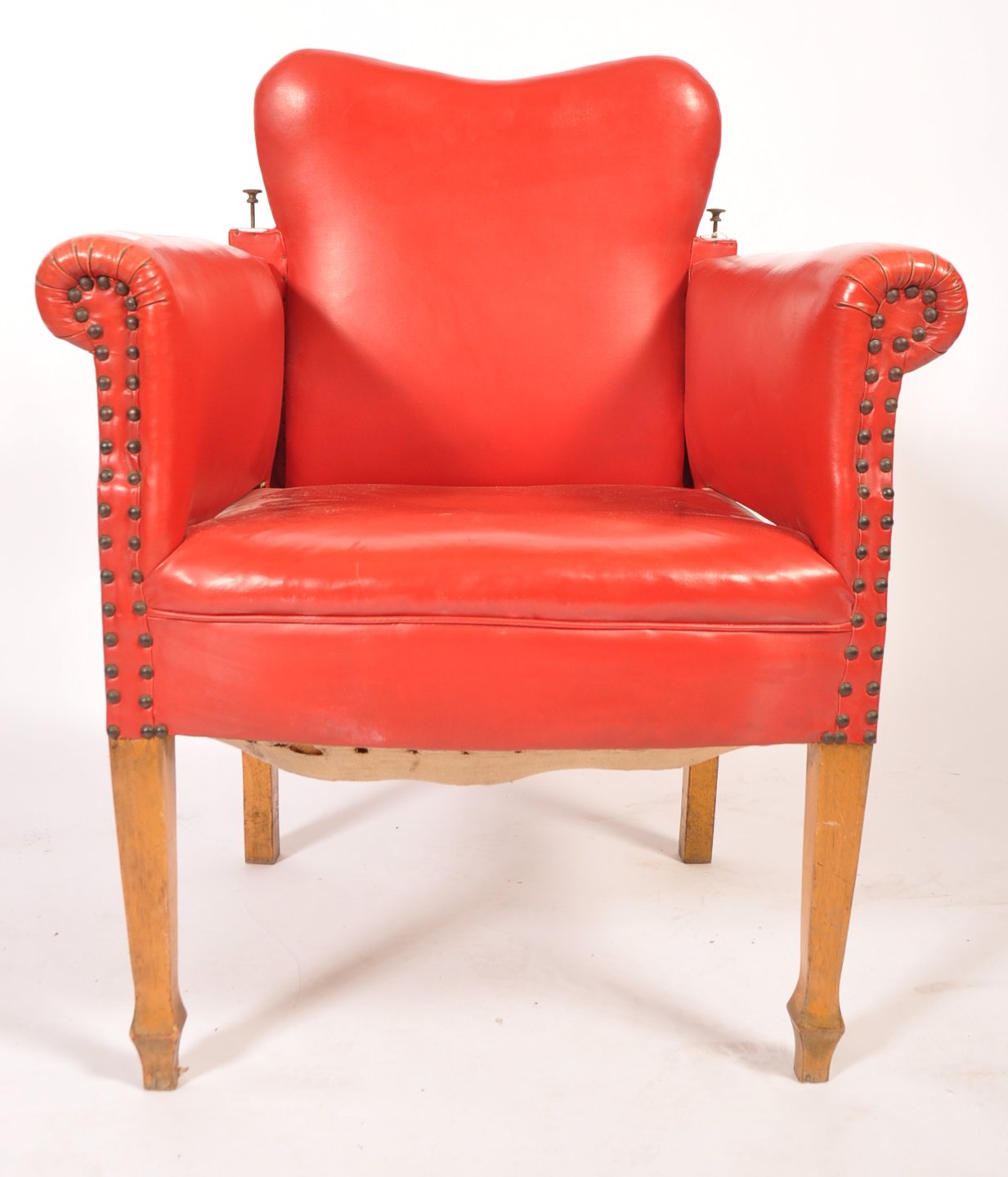 An early 20th century red leather barbers chair. The chair raised on beech wood tapering square legs - Image 3 of 7