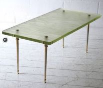 A rare 1950's mid century glass table by Saint-Gobain, France. A heavy thick glass top with rough