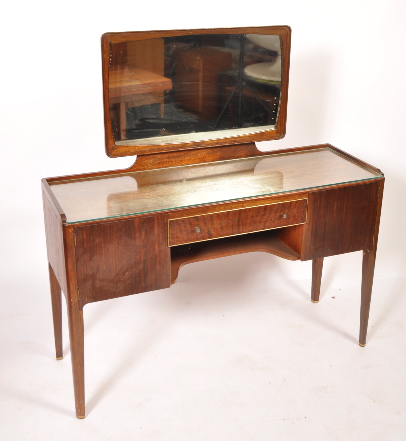 A 1970's teak wood space age dressing table being raised on tapering squared legs with a series of - Image 2 of 6