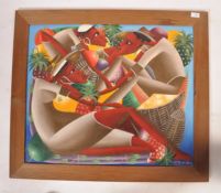 Laurent Casimir. A 20th century Haitian artist oil on canvas painting of people with geometric