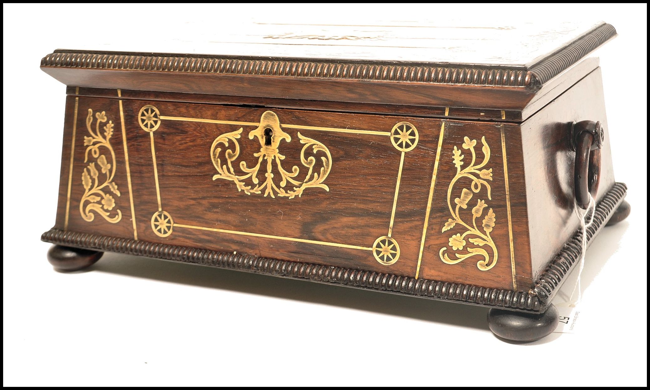 A Regency rosewood brass inlaid work box raised on bun feet with gadrooned edges. Loop handles to - Image 8 of 10