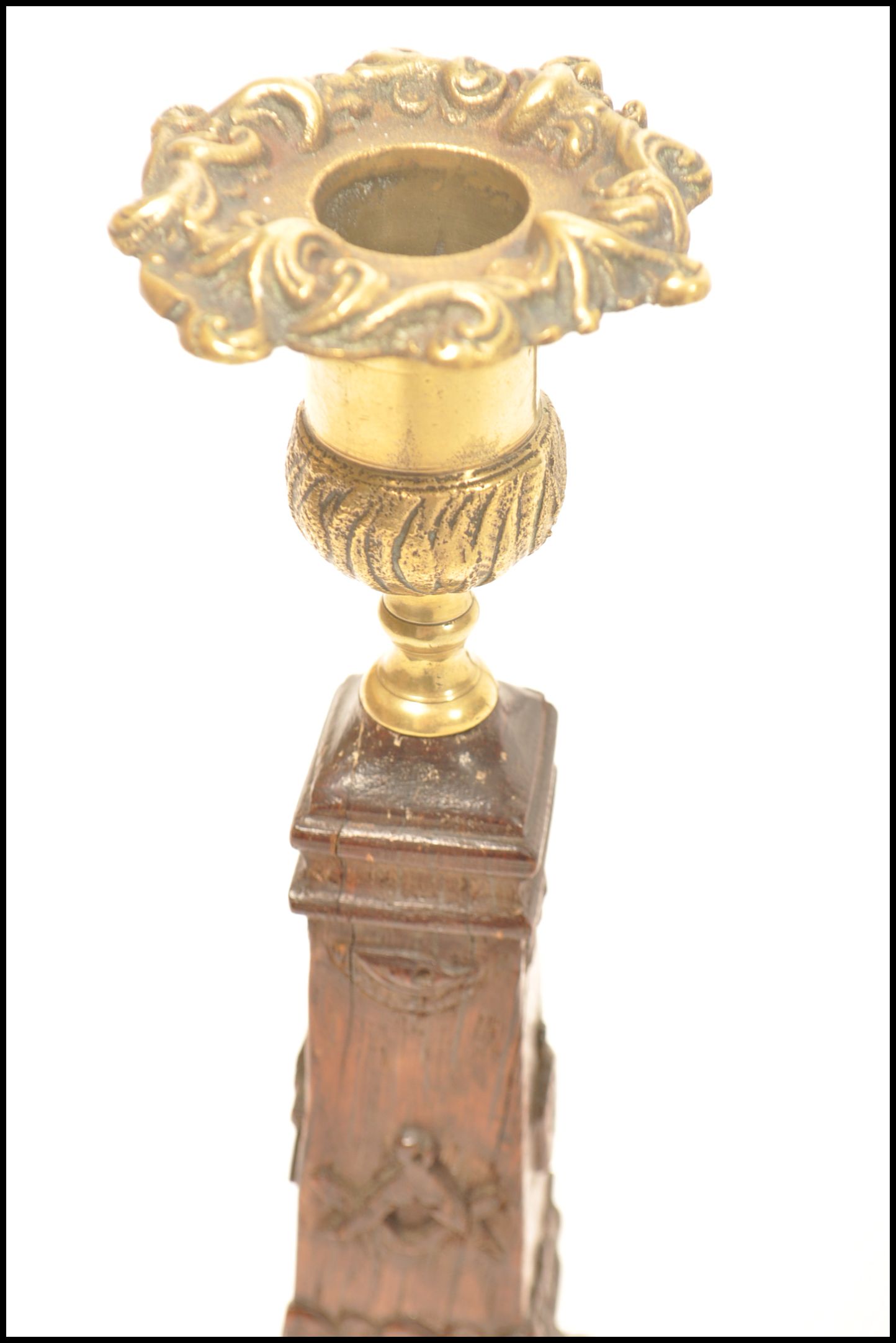 A pair of Masonic carved wooden souvenir candlestick with cast brass sockets, the base of each - Bild 6 aus 7