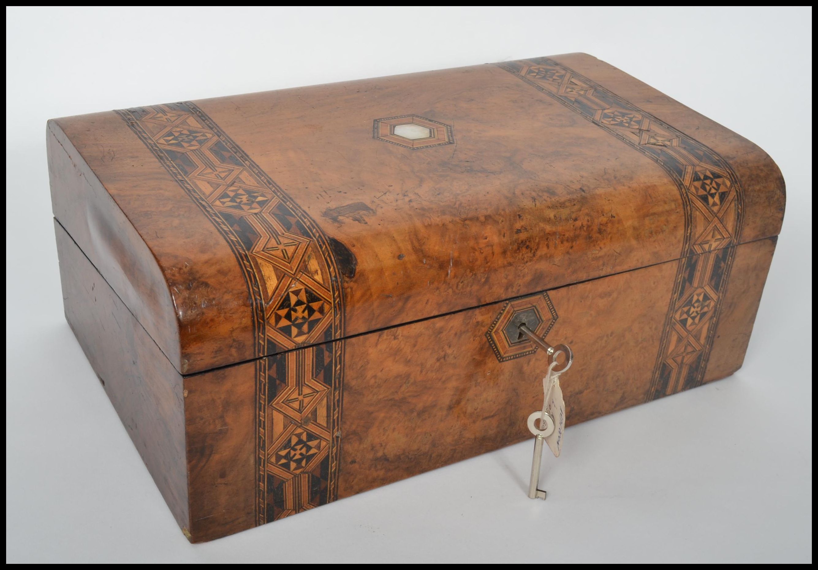 A 19th century walnut tunbridge inlaid dome top writing box. The inlaid tunbridge marquetry - Image 2 of 13