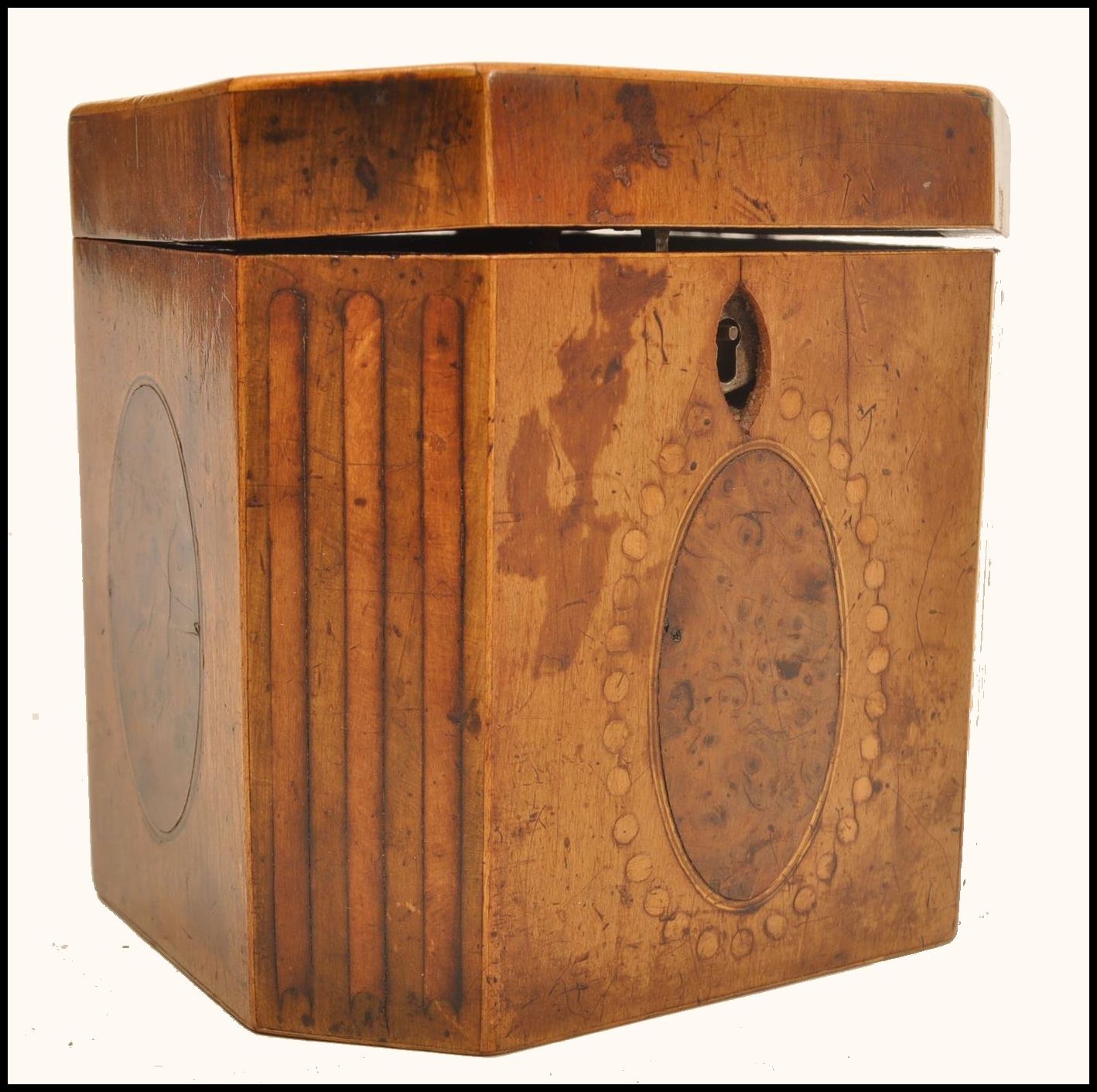 An 18th century Georgian walnut tea caddy having yew wood oval panels and box wood inlays. The - Image 2 of 8