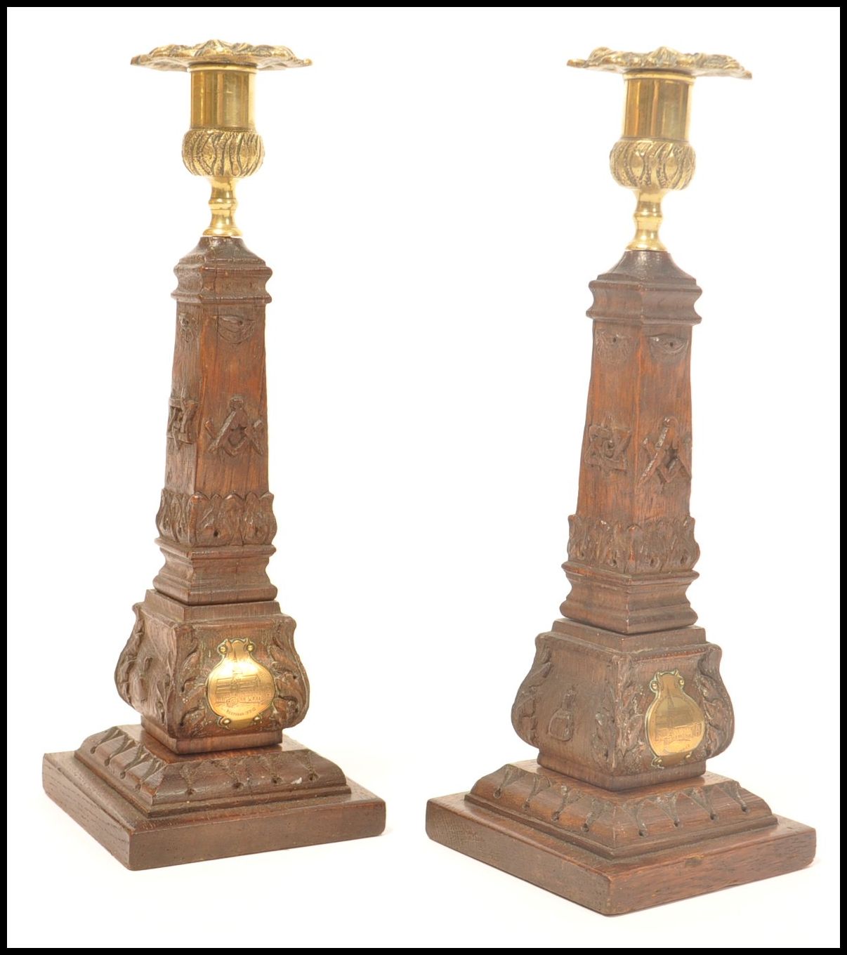 A pair of Masonic carved wooden souvenir candlestick with cast brass sockets, the base of each - Bild 2 aus 7