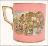 A 19th century Prattware tankard cup having a pink ground with transfer prated panels depicting