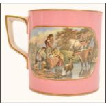 A 19th century Prattware tankard cup having a pink ground with transfer prated panels depicting