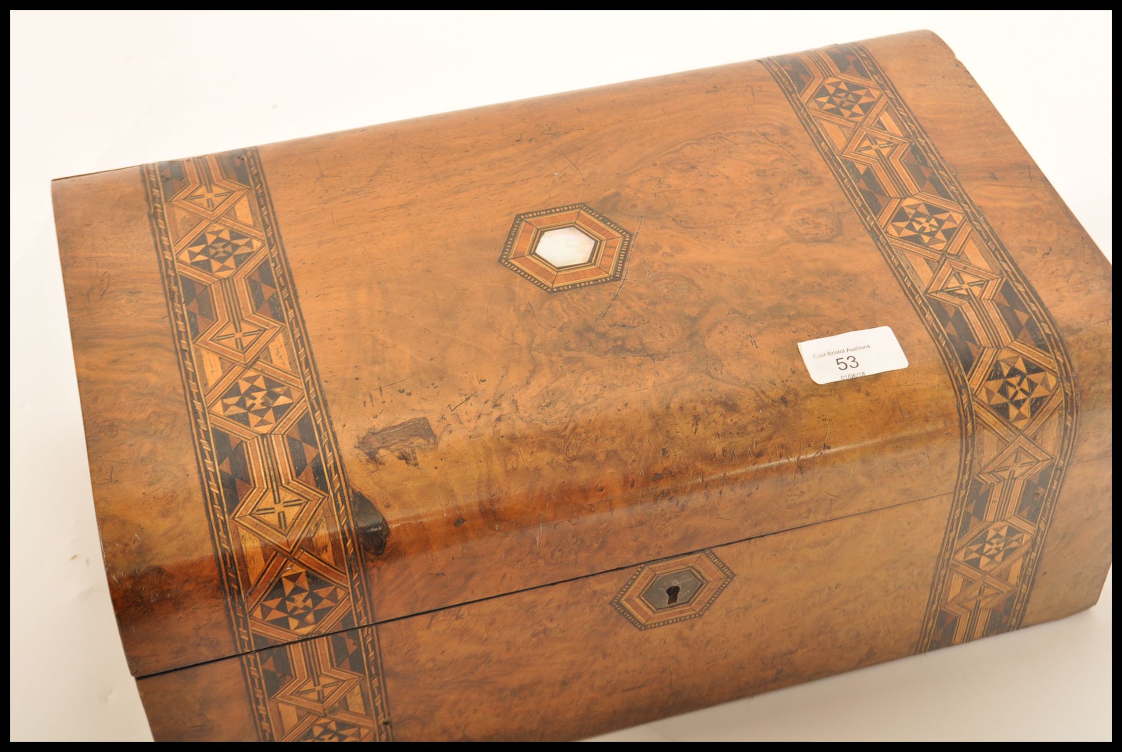 A 19th century walnut tunbridge inlaid dome top writing box. The inlaid tunbridge marquetry - Image 12 of 13