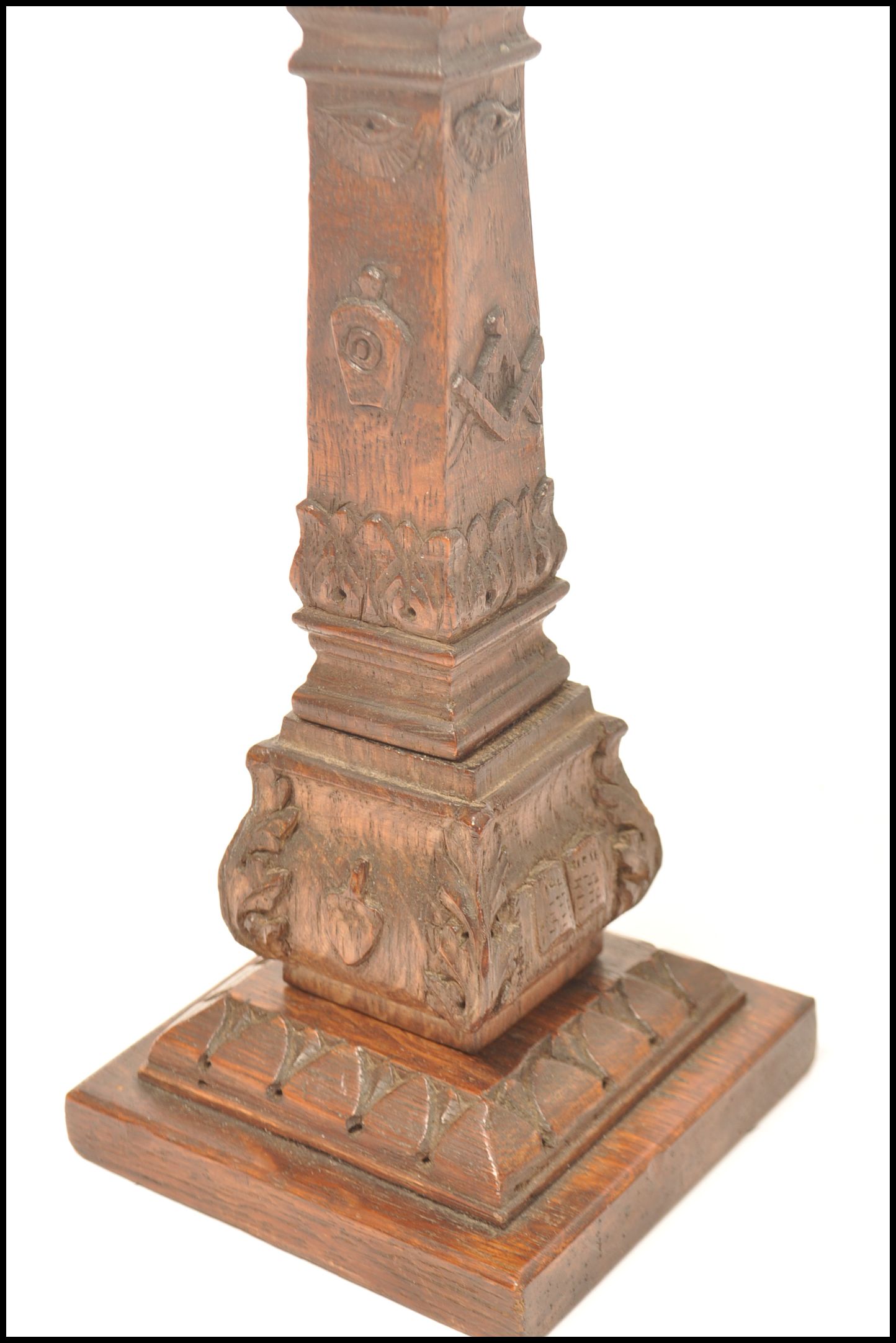 A pair of Masonic carved wooden souvenir candlestick with cast brass sockets, the base of each - Bild 5 aus 7