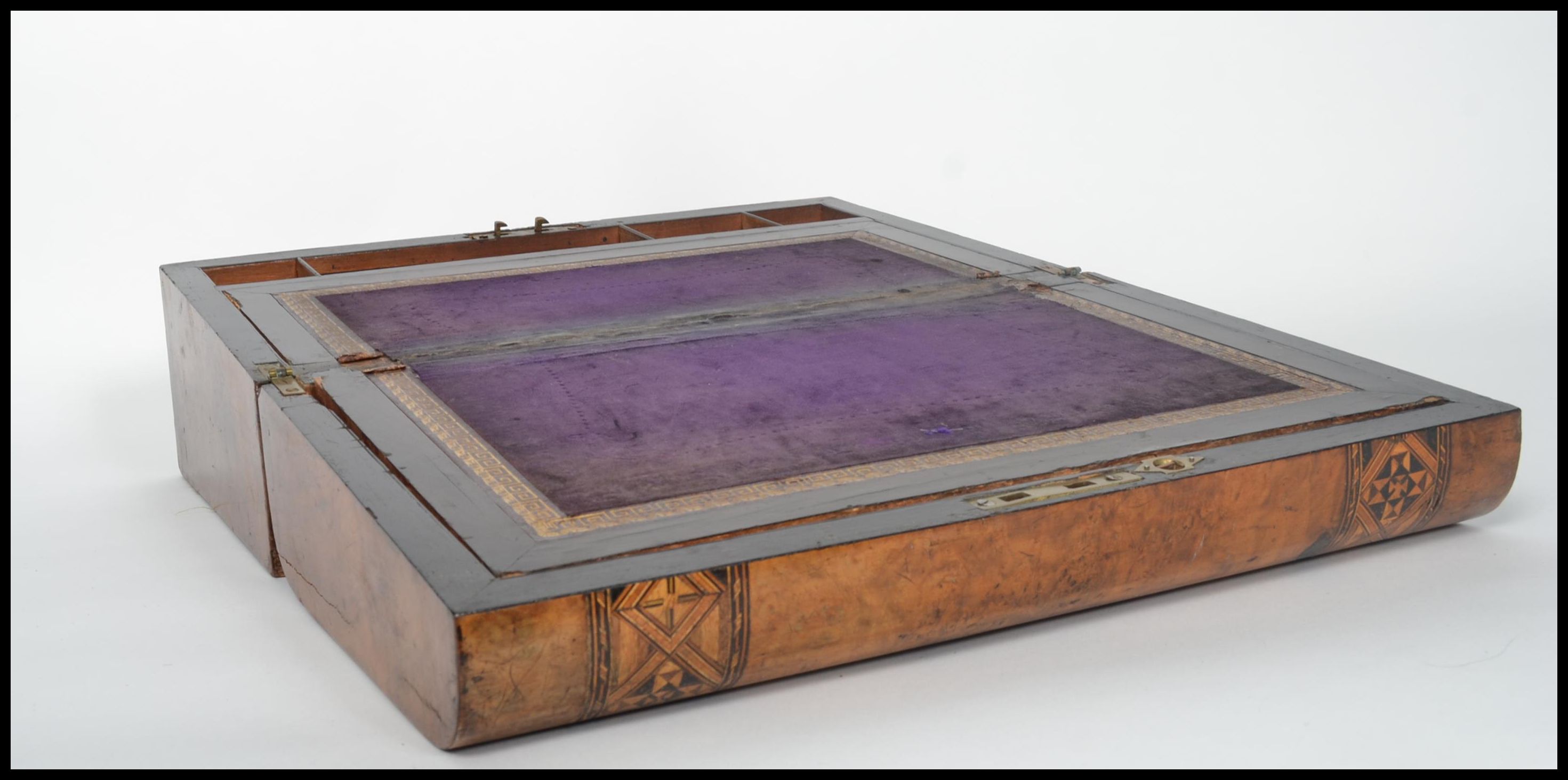 A 19th century walnut tunbridge inlaid dome top writing box. The inlaid tunbridge marquetry - Image 3 of 13