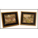 A pair of 19th century hand painted silk and embroidery miniature landscape paintings depicting
