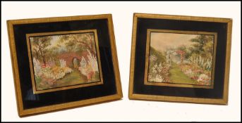 A pair of 19th century hand painted silk and embroidery miniature landscape paintings depicting