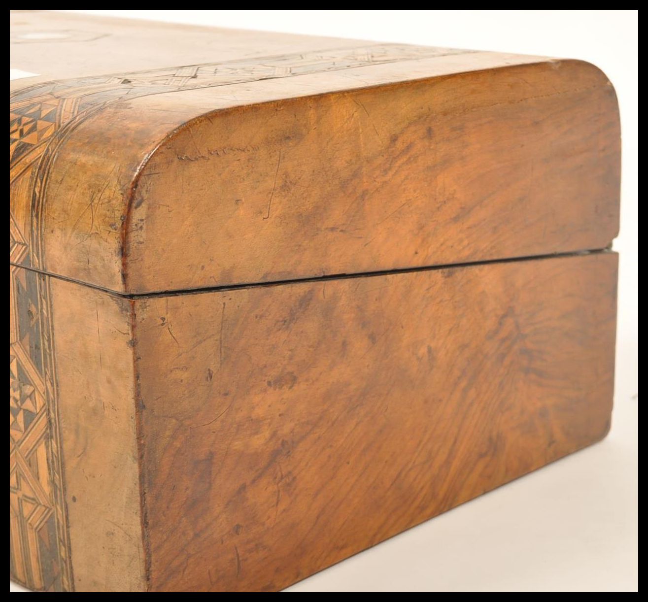 A 19th century walnut tunbridge inlaid dome top writing box. The inlaid tunbridge marquetry - Image 9 of 13