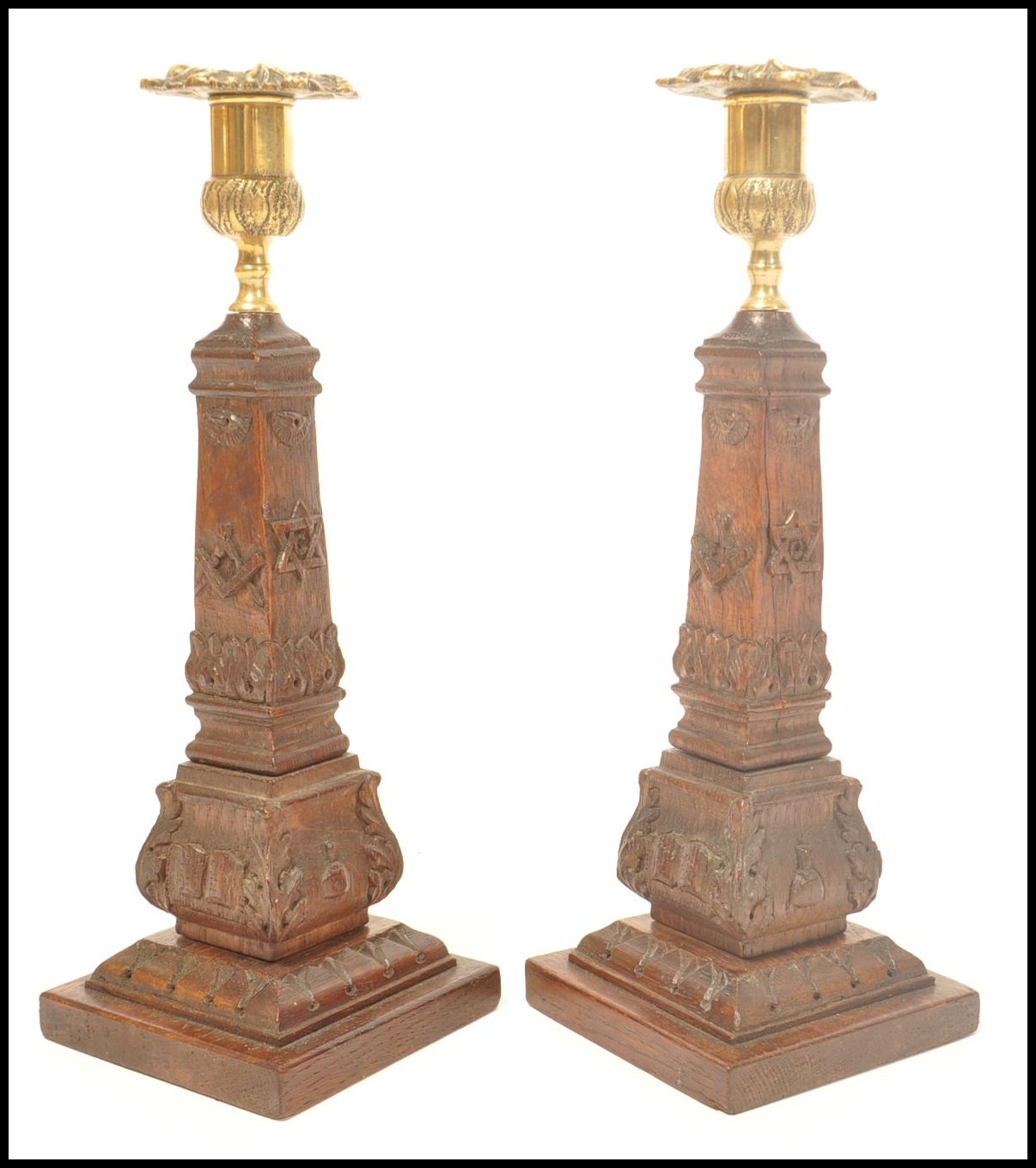 A pair of Masonic carved wooden souvenir candlestick with cast brass sockets, the base of each - Bild 3 aus 7