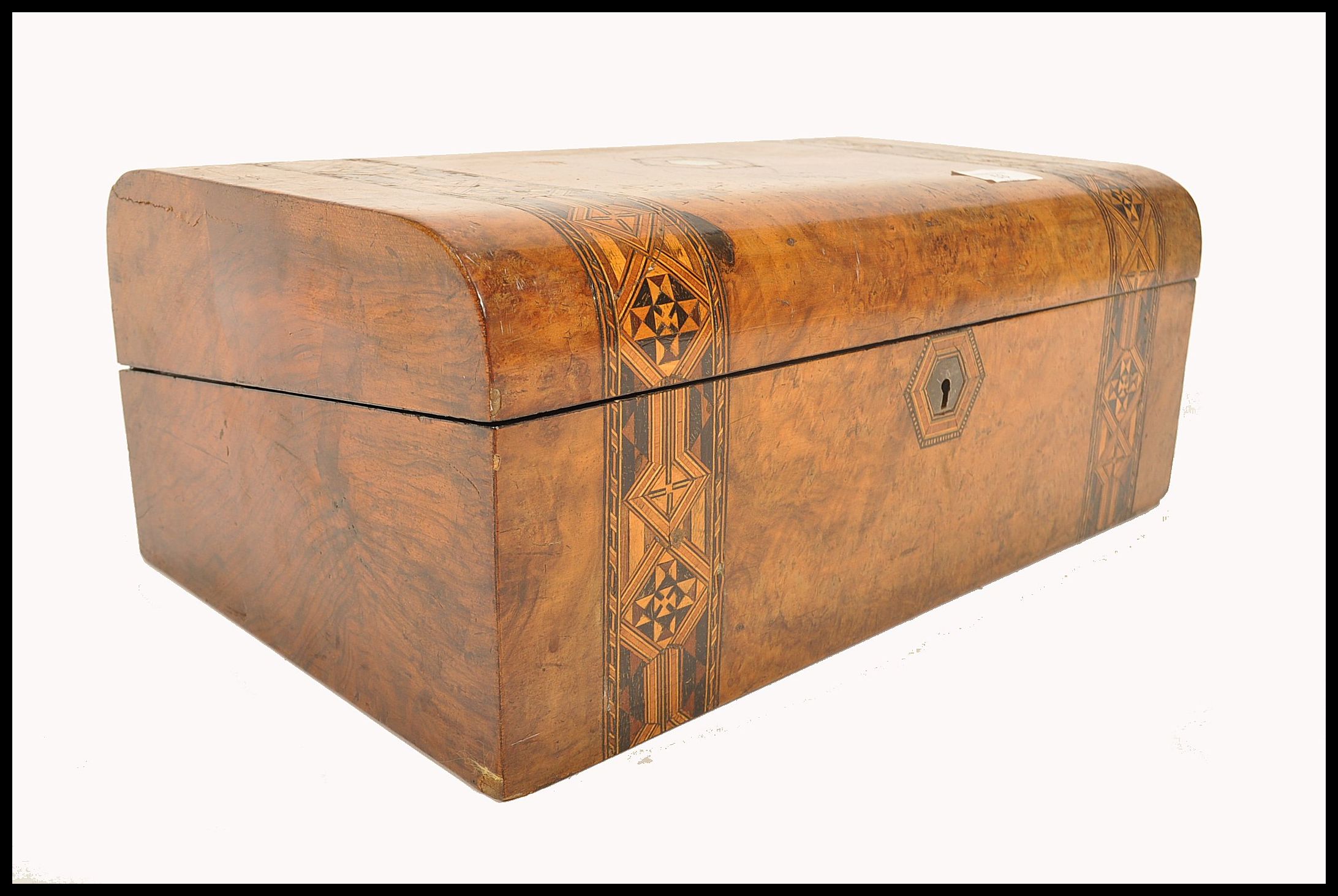 A 19th century walnut tunbridge inlaid dome top writing box. The inlaid tunbridge marquetry - Image 13 of 13