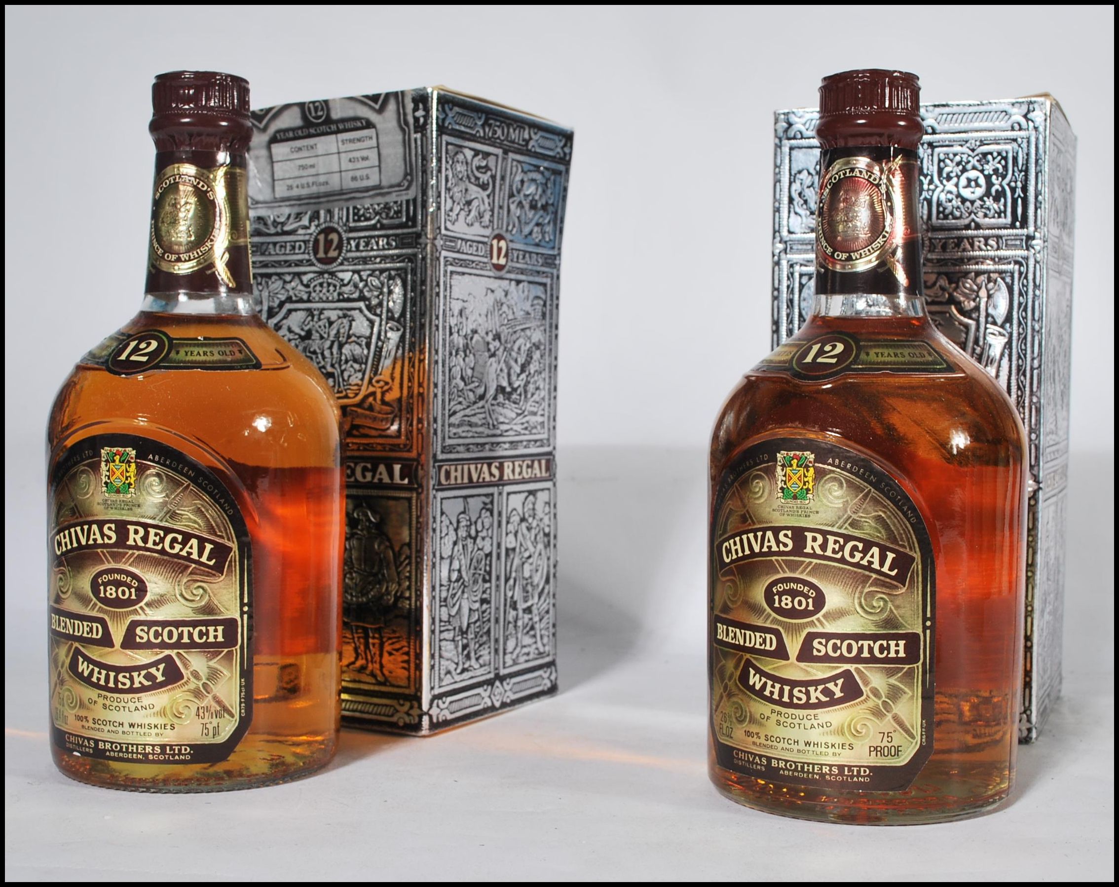 2 vintage boxed bottles of Chivas Regal blended Scotch whisky 26 2/3 fl oz / 12 years old. Both