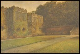 A 19th century Victorian oil on canvas painting of  Haddon Hall, Nr Bakewell, Derbyshire. The garden