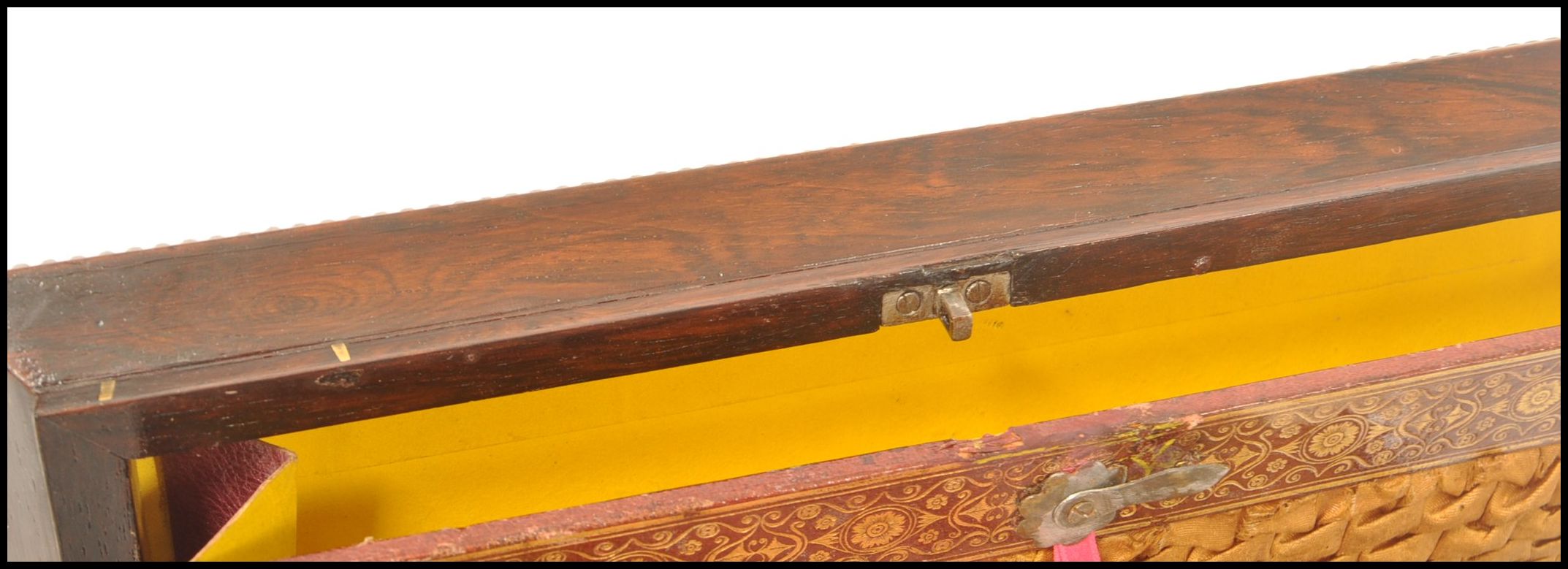 A Regency rosewood brass inlaid work box raised on bun feet with gadrooned edges. Loop handles to - Image 5 of 10