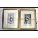 A pair of framed etching on white satin pictures a