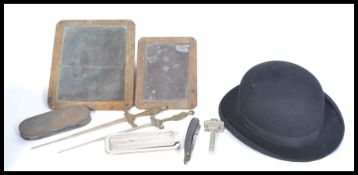 A collection of vintage items to include 19th century slate / chalk school boards, Bowler hat,
