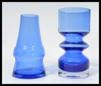 Two vintage 20th century Riihimaki studio art glass vases in matching blue colourways. Highest