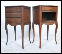 A pair of 20th century solid oak French bedside chests, each raised on sabre legs, one with a bank