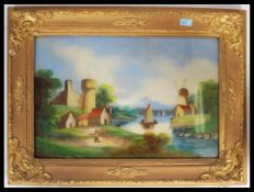 A Victorian oil on glass reverse painting. The colourful painted glass panel with scene of river,