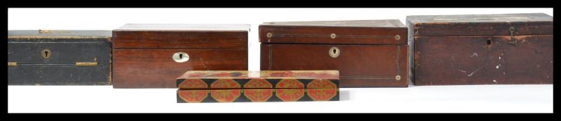 A collection of 19th Century writing slopes and work boxes to include a rosewood example please