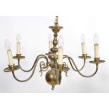 A 19th century style brass six branch ceiling chandelier, with foliate sconce arms and ball finial