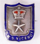 WWI FIRST WORLD WAR HMS VICEROY STERLING SILVER & ENAMEL BROOCH