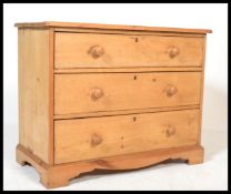 A 19th Century Victorian scrubbed pine cottage chest of drawers, three long drawers set with