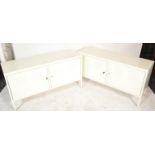 A pair of contemporary metal low locker cabinet sideboards. Each of painted metal construction