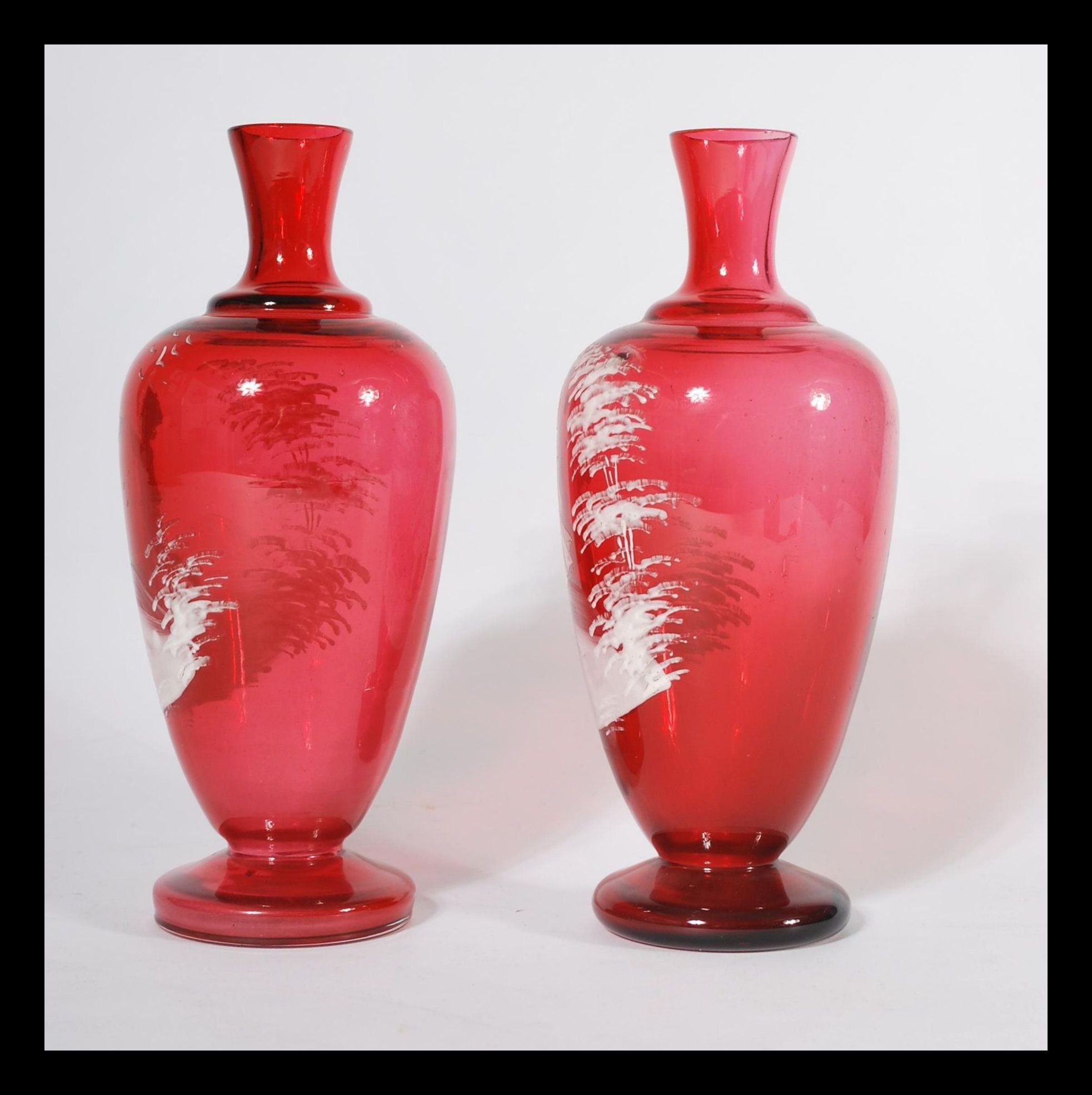 A pair of Mary Gregory style cranberry glass vases - Image 2 of 6