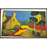 A stunning vibrant abstract oil on board painting landscape painting of a cottage in a country