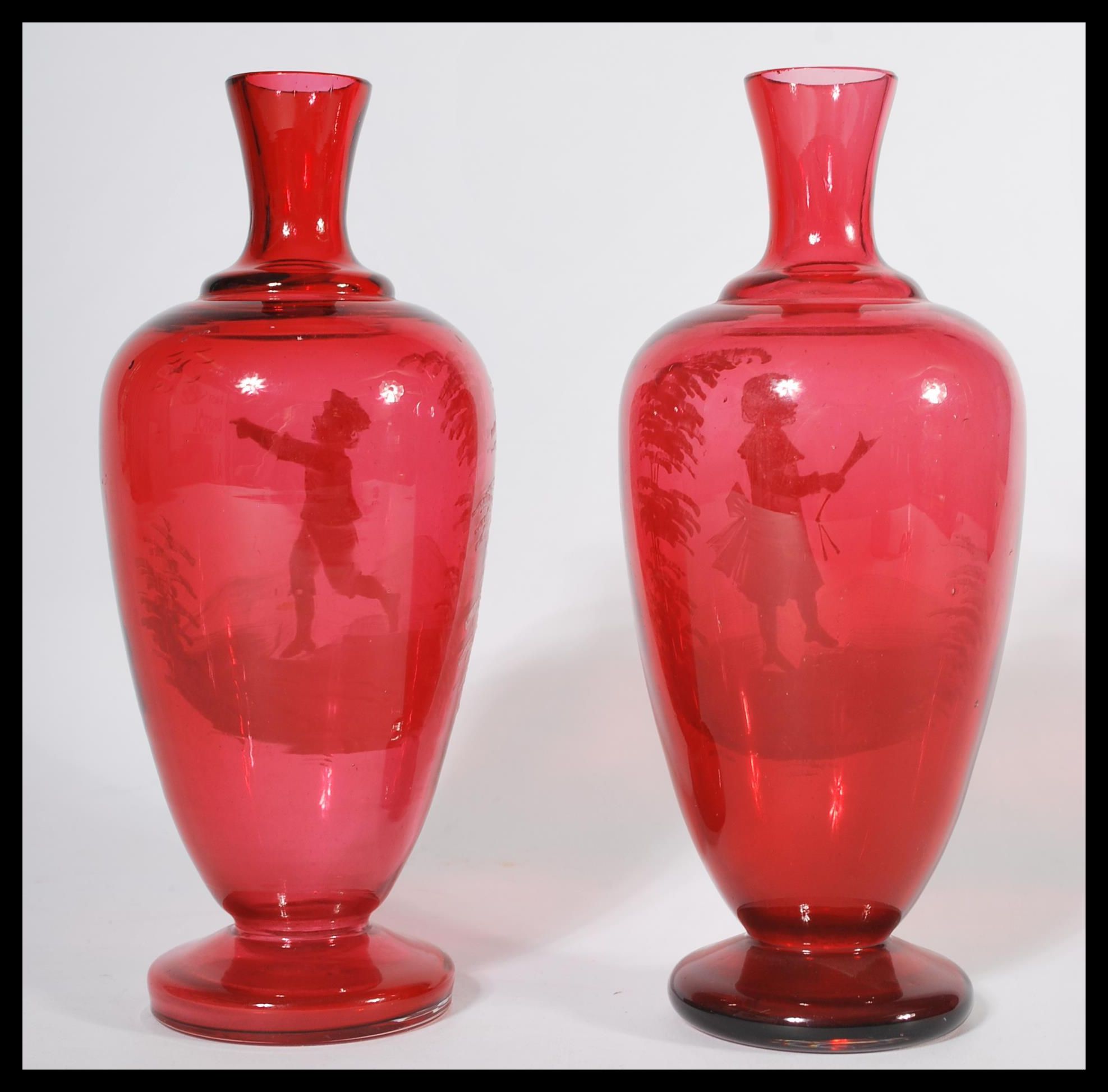 A pair of Mary Gregory style cranberry glass vases - Image 3 of 6