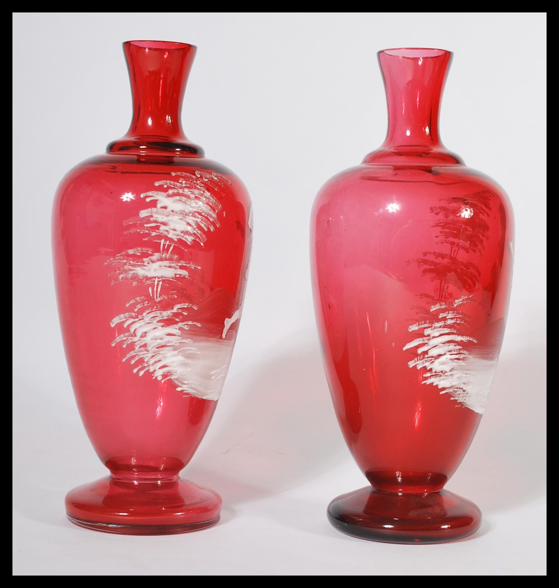 A pair of Mary Gregory style cranberry glass vases - Image 4 of 6