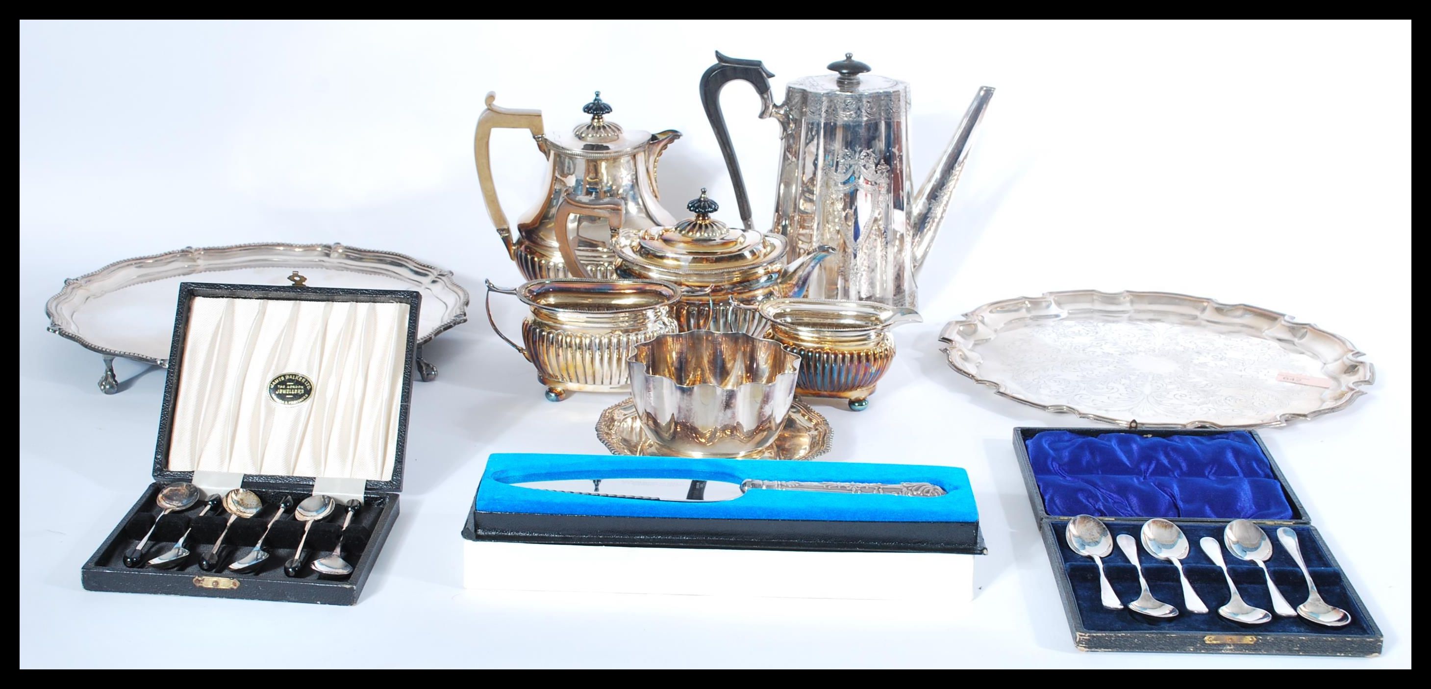 A collection of silver plated items to include salver trays, coffee pot, tea service, presentation - Image 2 of 13