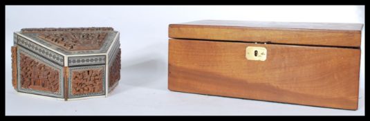 A late 19th Century Anglo Indian stationary / desk tidy of angular form, fitted hinged lid with