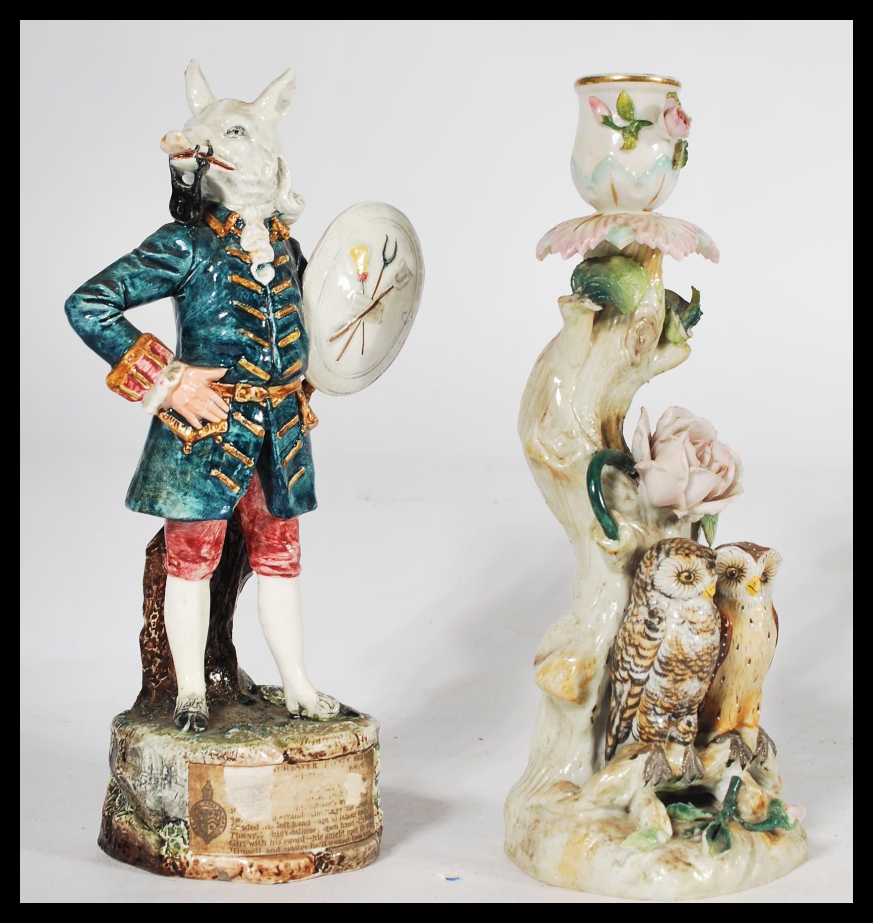 Two 19th century Victorian ceramic figurines to include a Ernst Bohne & Sohne pair of owls on - Image 5 of 8