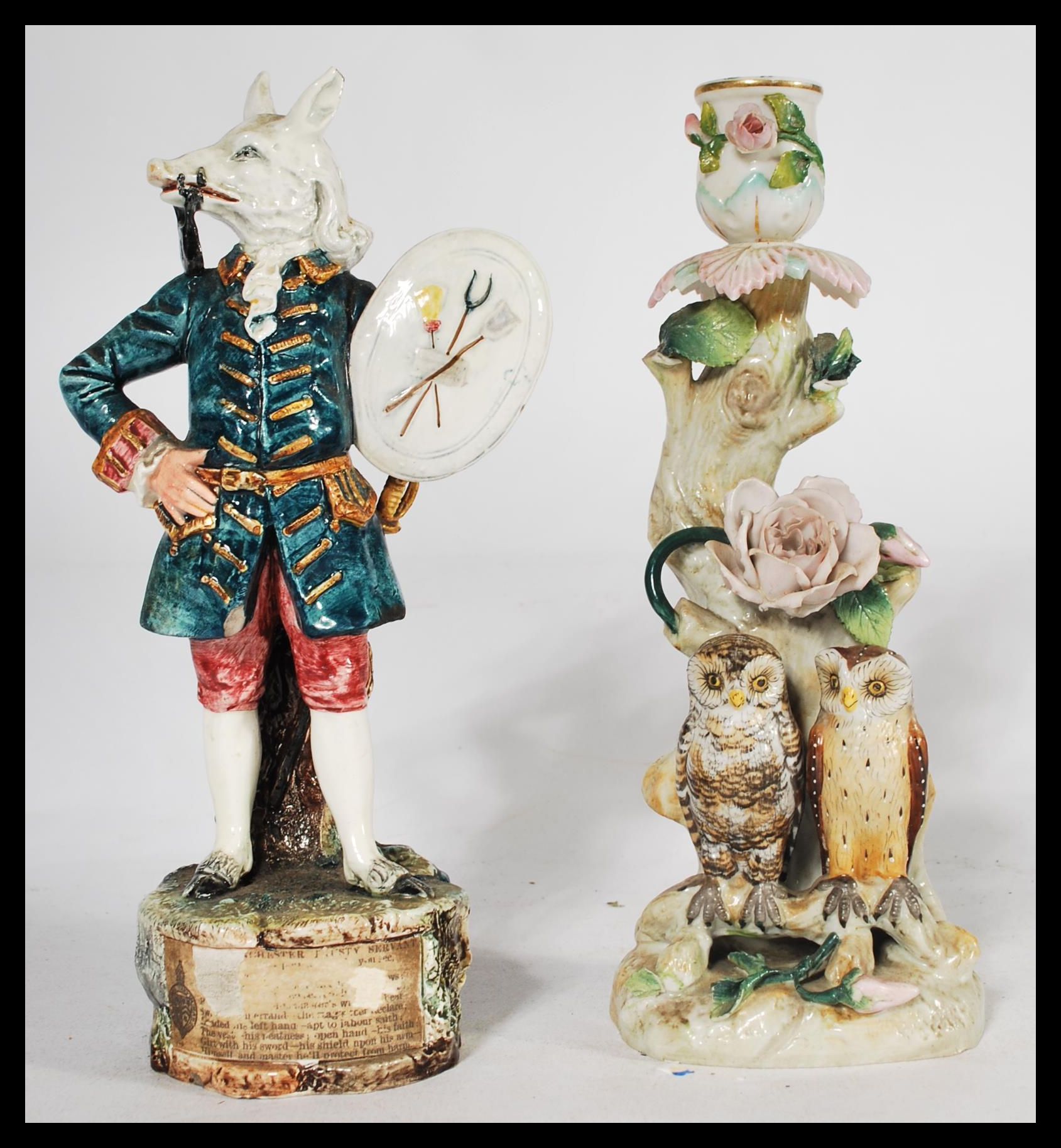 Two 19th century Victorian ceramic figurines to include a Ernst Bohne & Sohne pair of owls on