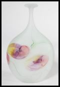 A Peter Layton studio art frosted glass vase, with slender neck and naturalistic rim. The vase of