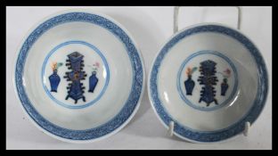 An 18th century Chinese porcelain blue and white tea bowl and cover having hand painted decoration