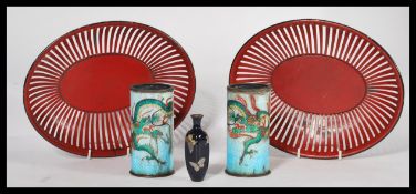 A collection of Chinese items to include a 19th century cobalt enamel perfume bottle decorated