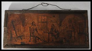 A 17th century paper on wood picture of a room scene with two seated gents at a table with fireplace