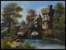A Victorian 19th century oil on glass reverse painting of an English castle set near arched bridge