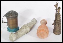 A group of antique items to include a Georgian brass writing sander , a Middle Eastern Islamic