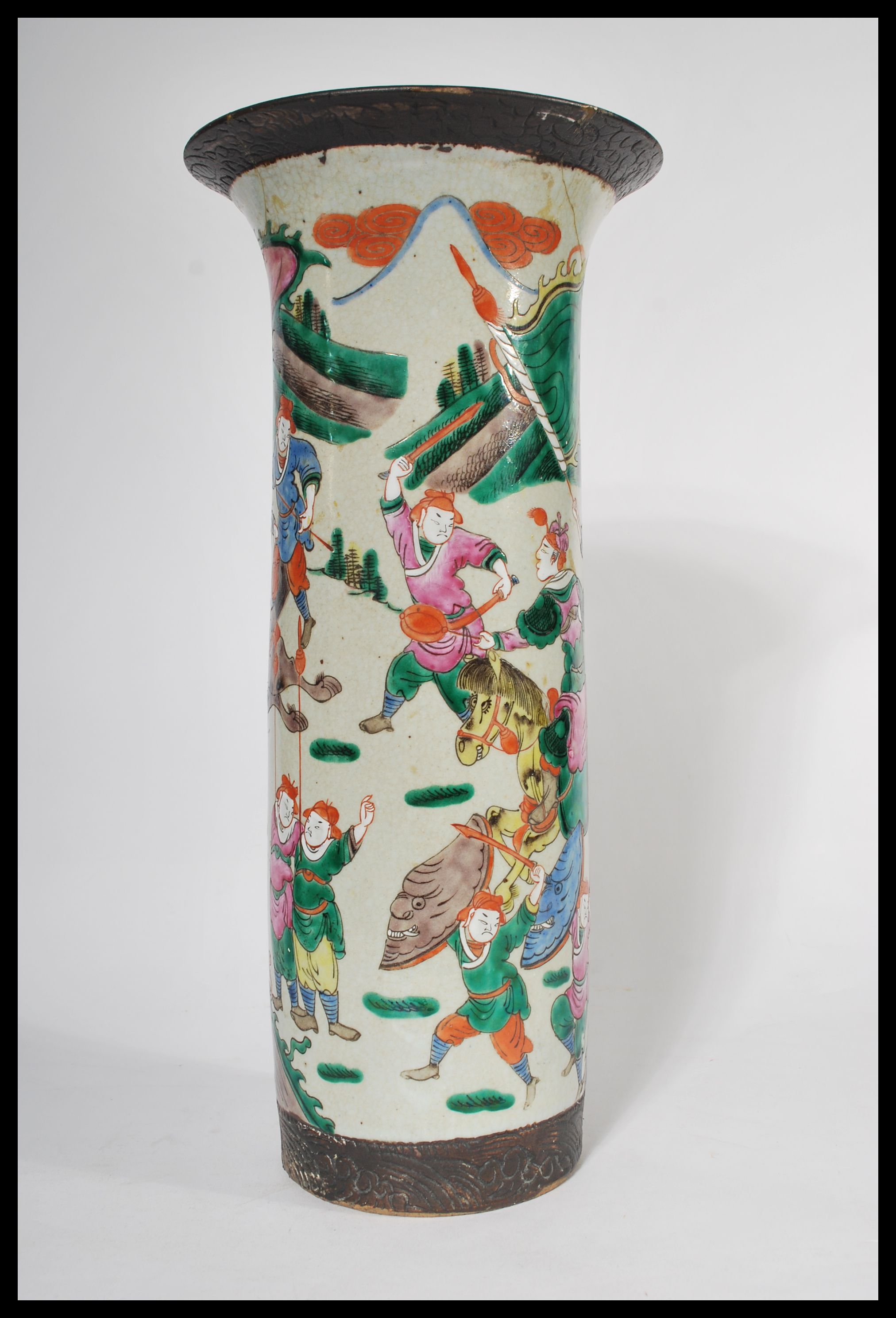 A large 19th century Chinese crackle glaze floor standing vase with hand painted scenes of - Image 3 of 6